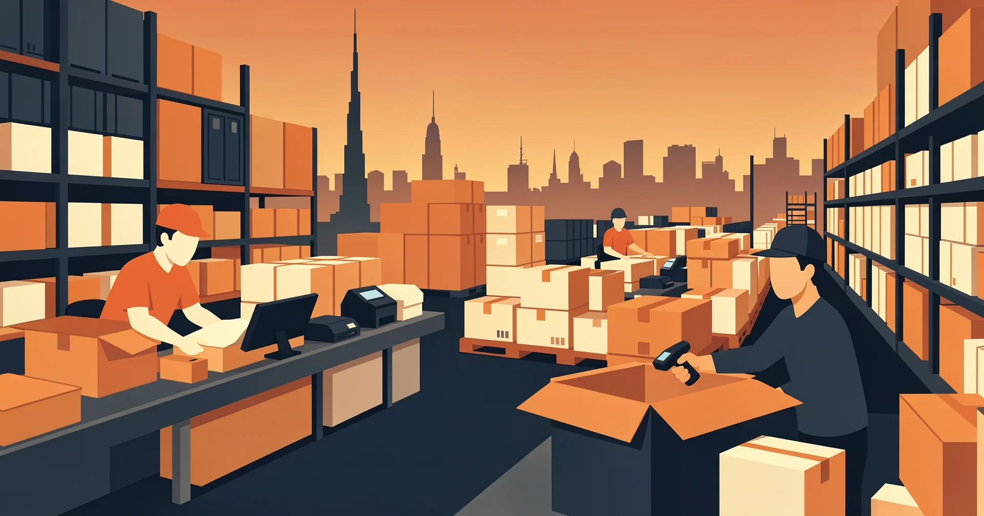 A UAE fulfillment floor absorbing a volume surge: a worker scanning an open carton with a handheld barcode scanner in the foreground, a deep queue of stacked parcels and totes behind, packing stations and shelving racks either side, with the Dubai skyline beyond